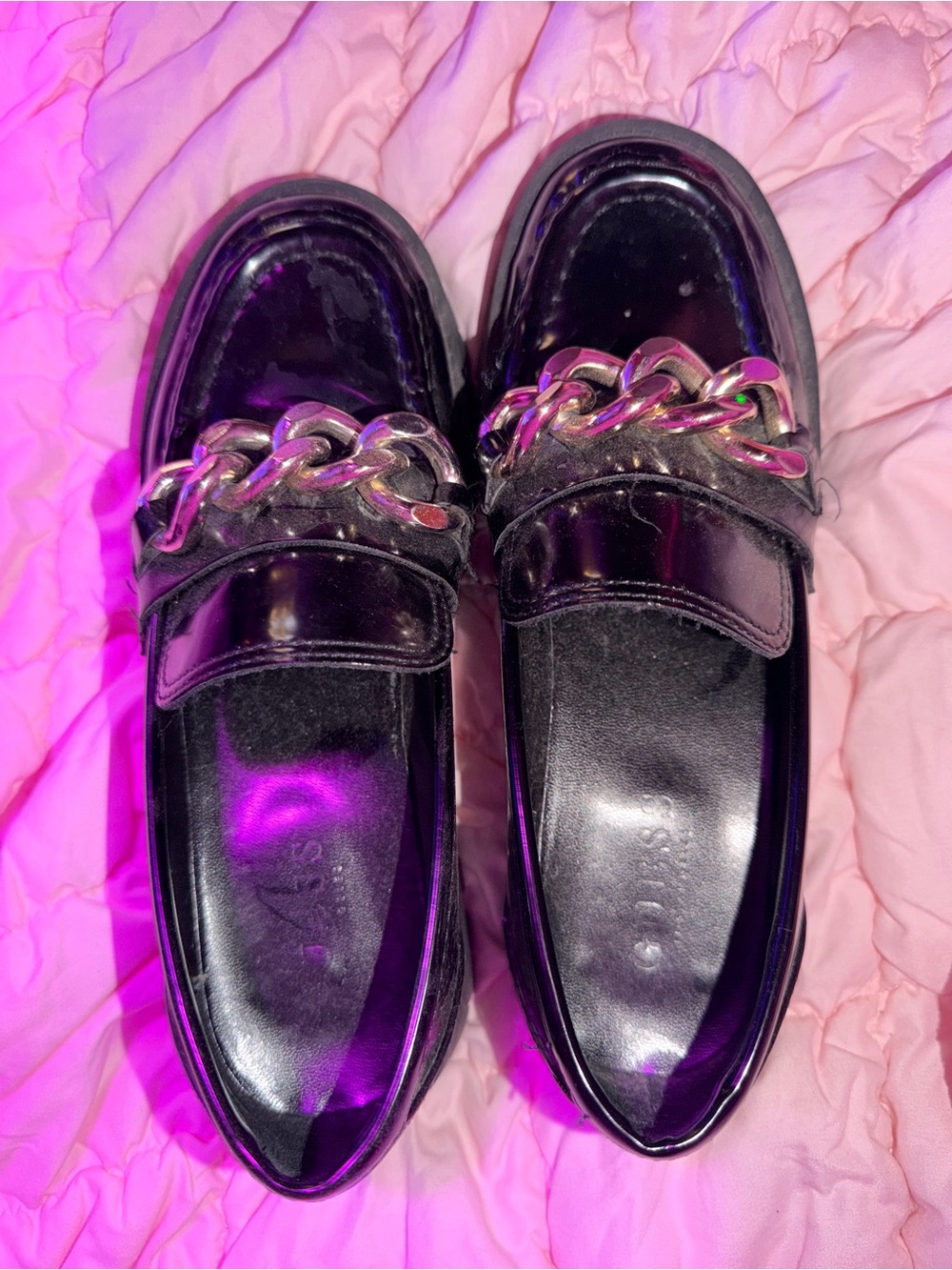 Guess Black Patent Loafers with Silver Chain Accent